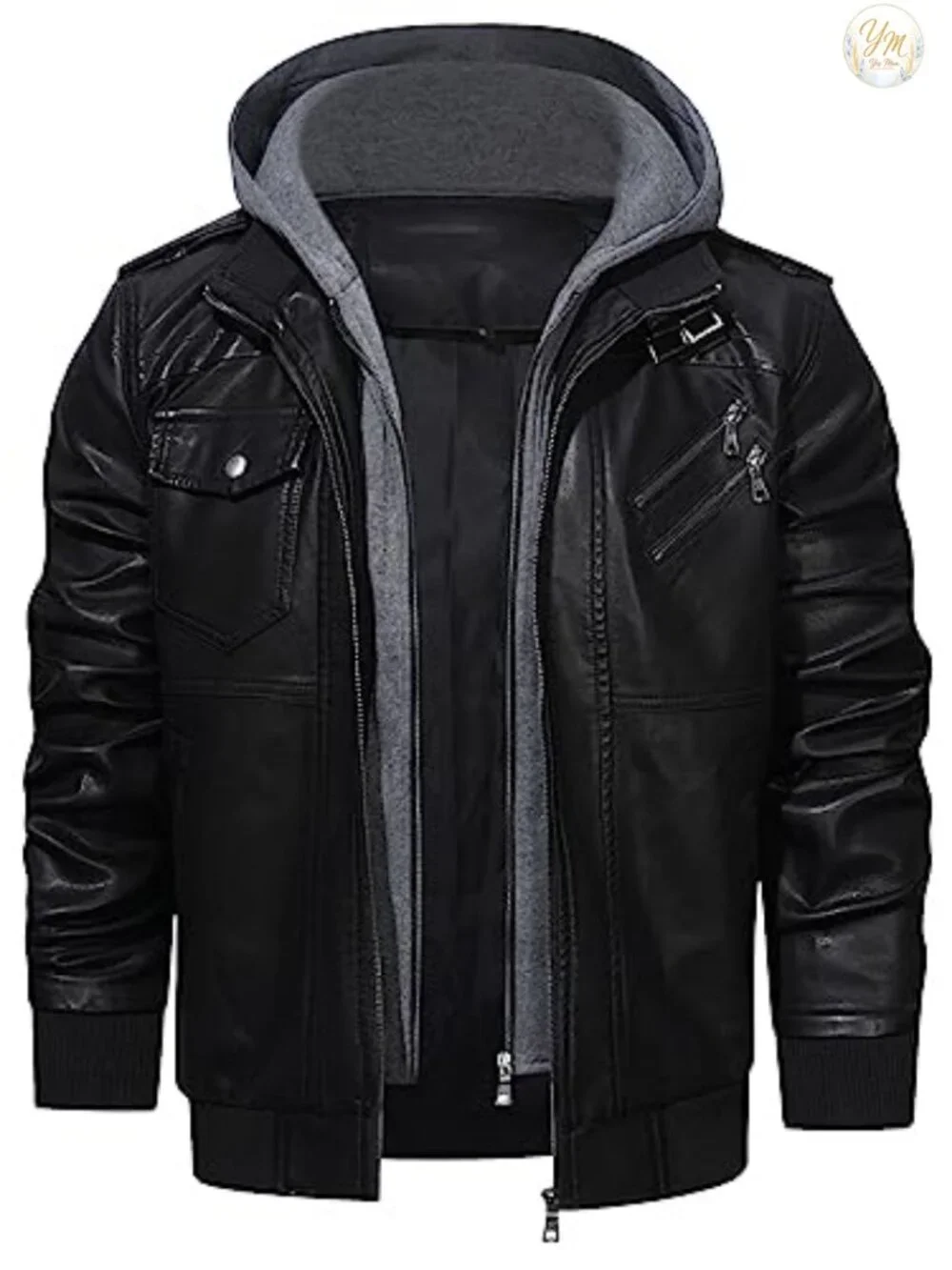 Men's Faux Leather Zip-Up Motorcycle Bomber Jacket Removable Hood